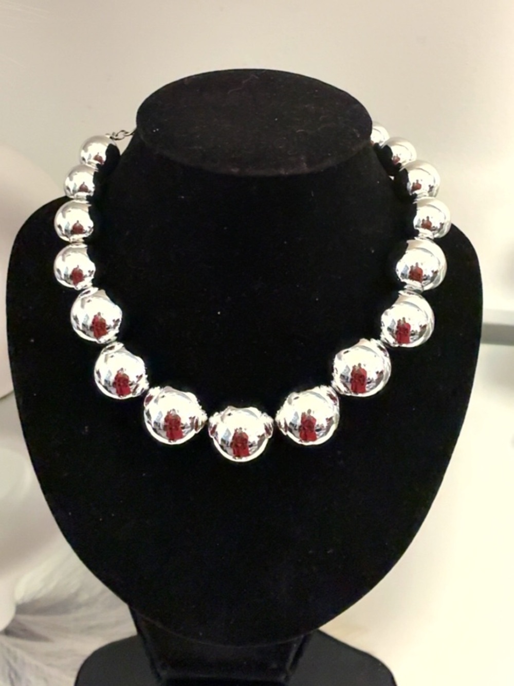 Silver Chunky Ball Statement Necklace 17” + Ext Bold Mirror Finish Bib Necklace